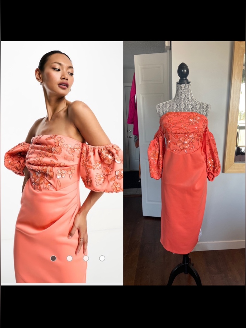 NWT XL/Size 10 Bardot Neckline Puff Sleeve Hand Beaded Sequin Midi Party Dress